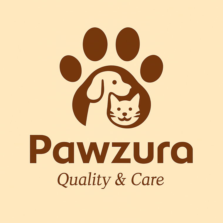 Logo of Pawzura with a paw design featuring a dog and cat on a beige background.