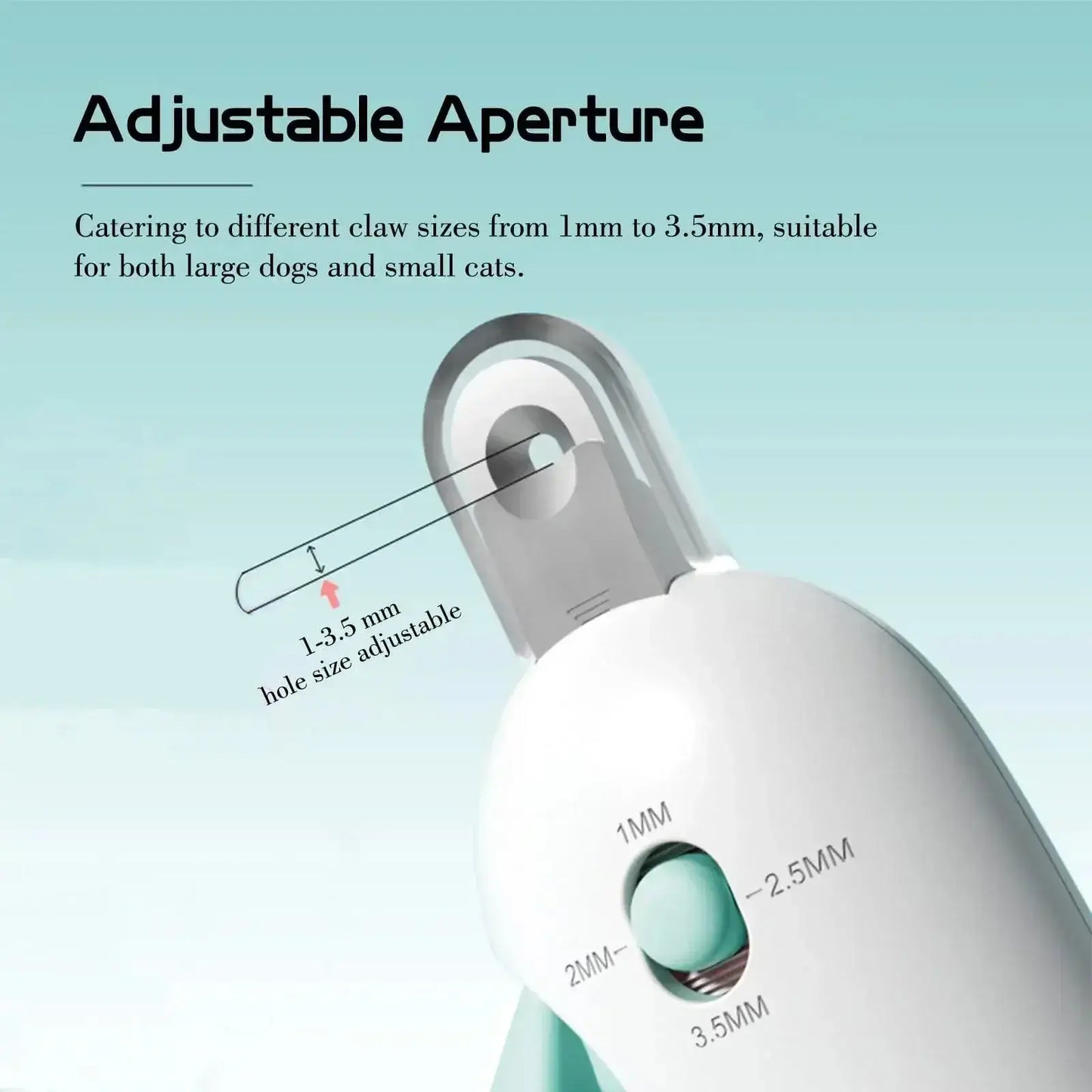 Adjustable aperture on Professional Pet Nail Clippers for various claw sizes from 1mm to 3.5mm for all pets.
