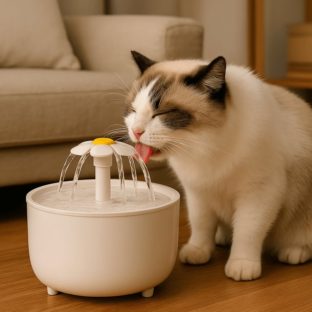 Cat Water Fountain with cute cat drinking fresh water from the automatic filter in a cozy living room.