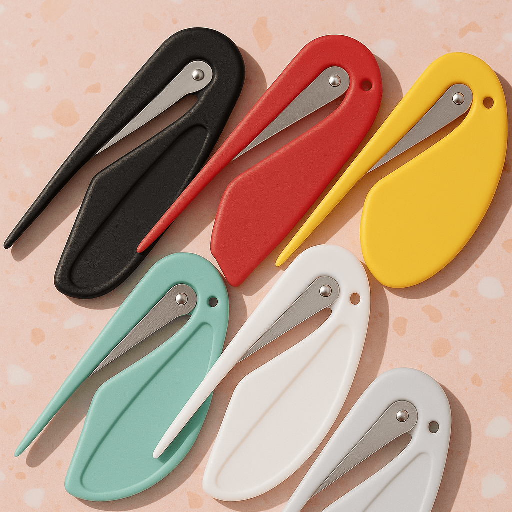 Colorful Pet Hair Knot Cutter & Detangler Tool in black, red, yellow, mint, white, and teal on a pastel background.