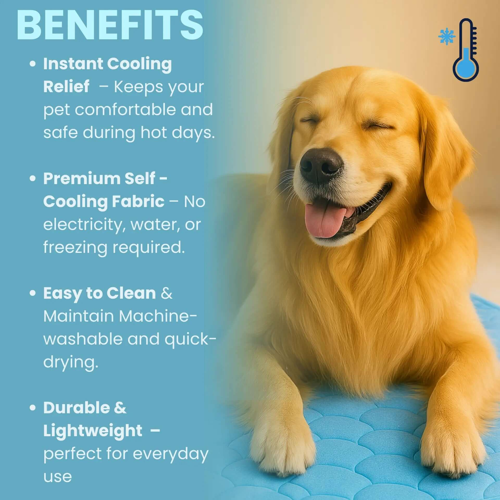 Dog Cooling Mat (1+1) benefits including cooling relief, self-cooling fabric, and easy maintenance.