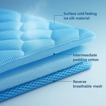 Dog Cooling Mat (1+1) showing layers of ice silk material and breathable mesh for optimal cooling comfort.