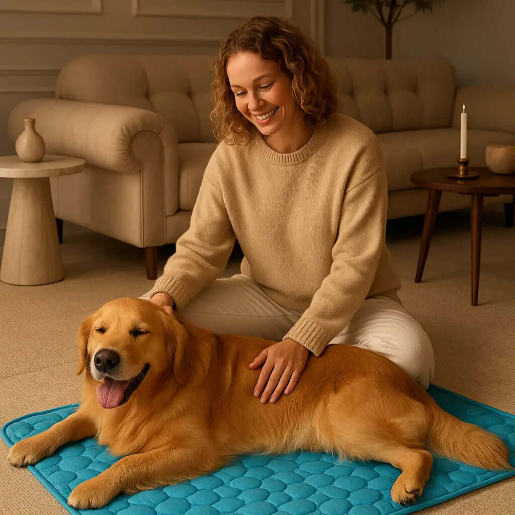 Woman using the Dog Cooling Mat (1+1) with a golden retriever, providing cooling comfort and care.
