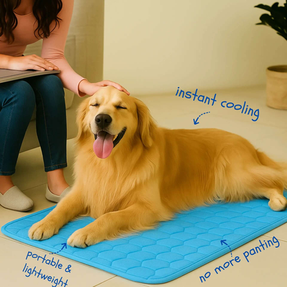 Dog Cooling Mat (1+1) with a happy dog enjoying instant cooling comfort on a lightweight, portable mat.
