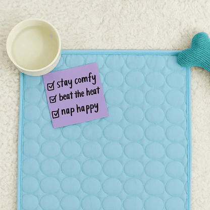 Dog Cooling Mat (1+1) features a light blue cooling surface with notes to stay comfy, beat the heat, and nap happy.