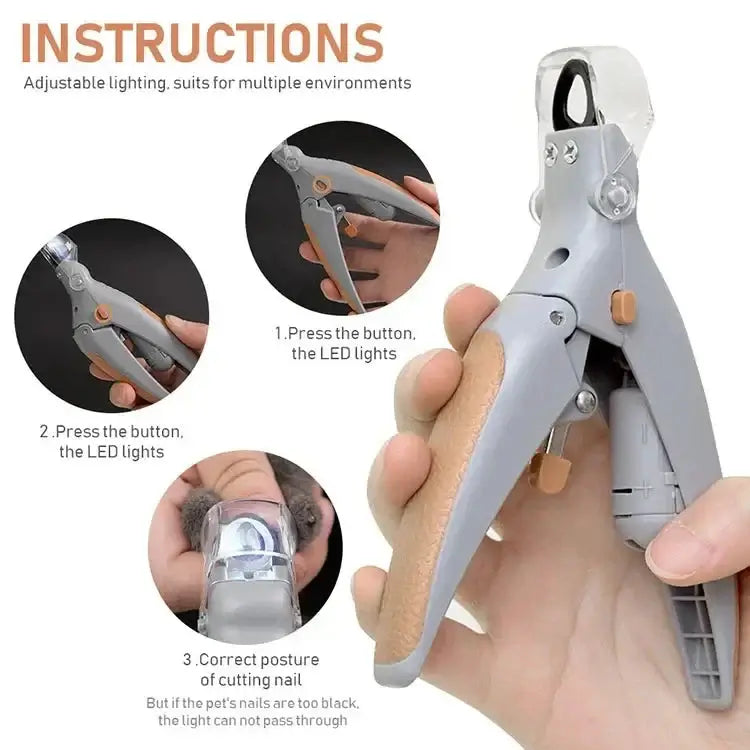 Instructions for using Dog Nail Clippers With LED Light for precise trimming and illuminated cutting.