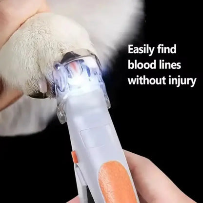 Dog Nail Clippers With LED Light illuminating a dog's nail to easily find blood lines for safe trimming.