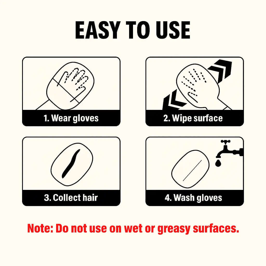 Easy to use instructions for the Pet Hair Removal Glove, detailing steps to wear gloves, wipe surfaces, collect hair, and wash gloves.