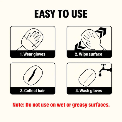 Easy to use instructions for the Pet Hair Removal Glove, detailing steps to wear gloves, wipe surfaces, collect hair, and wash gloves.