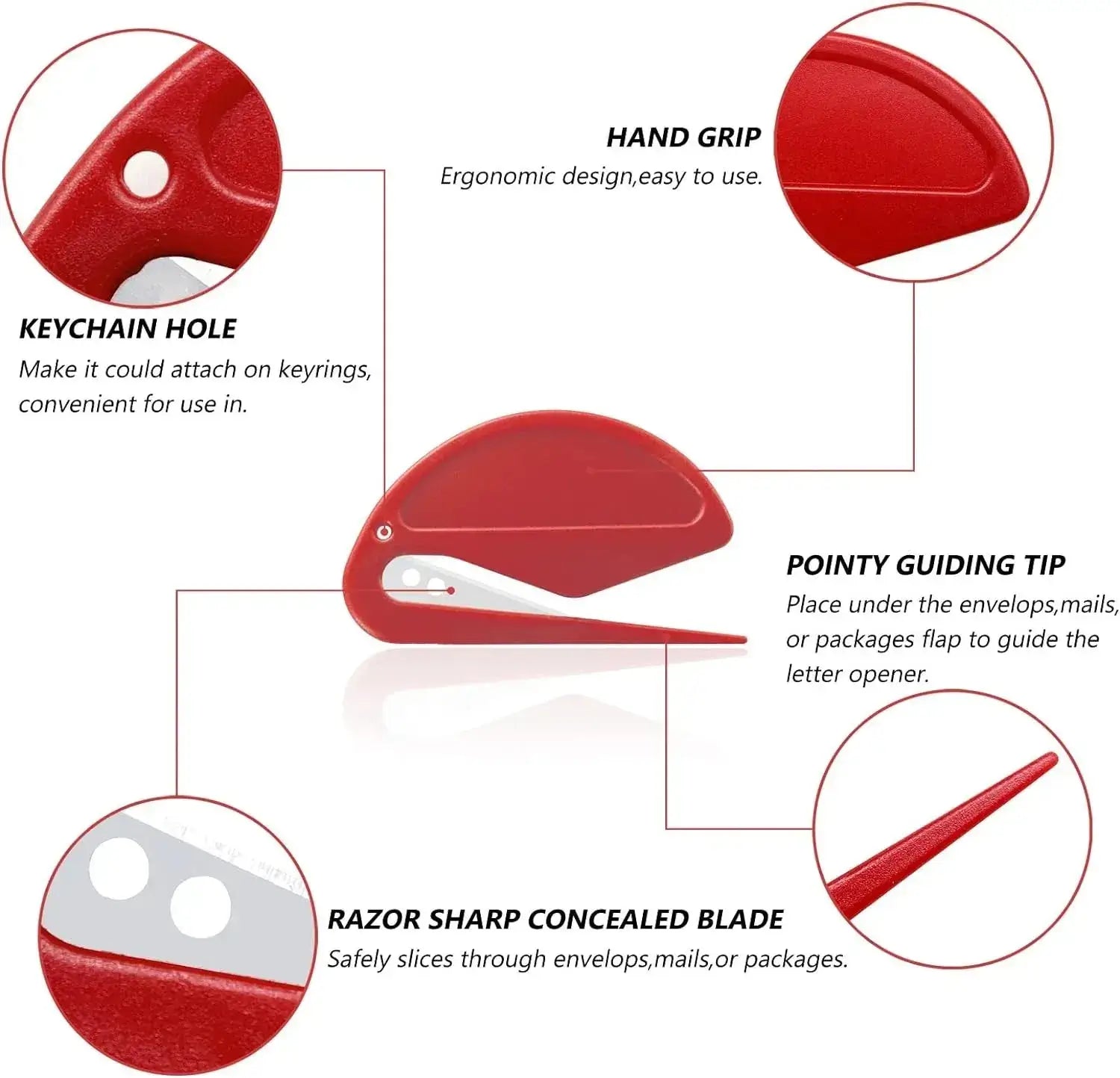 Handy red ergonomic letter opener with keychain hole and razor sharp concealed blade for safe use.