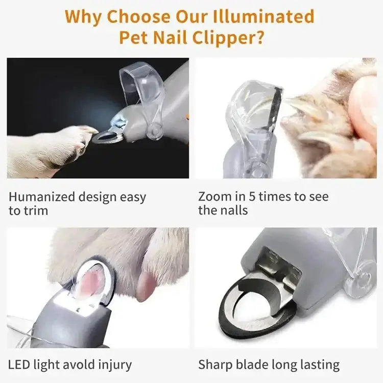 Dog Nail Clippers With LED Light features ergonomic design, illuminated viewing, and sharp blades for safe trimming.