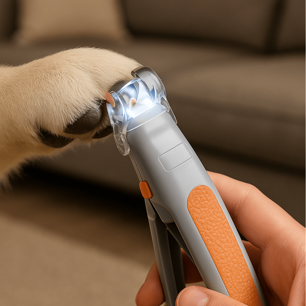 Dog Nail Clippers With LED Light illuminating a dog's nail for safe and stress-free trimming.