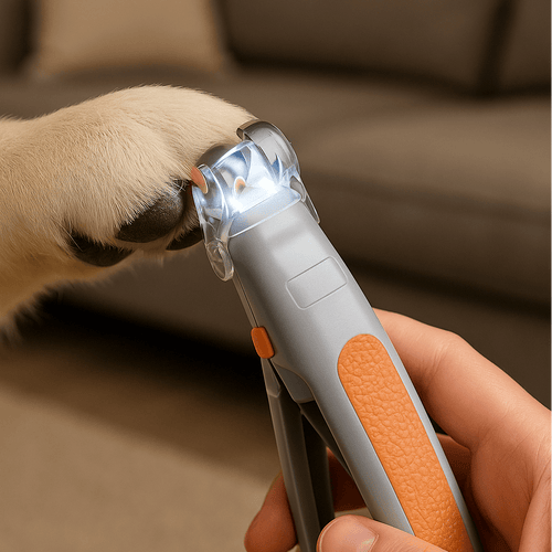Dog Nail Clippers With LED Light illuminating a dog's nail for safe and stress-free trimming.