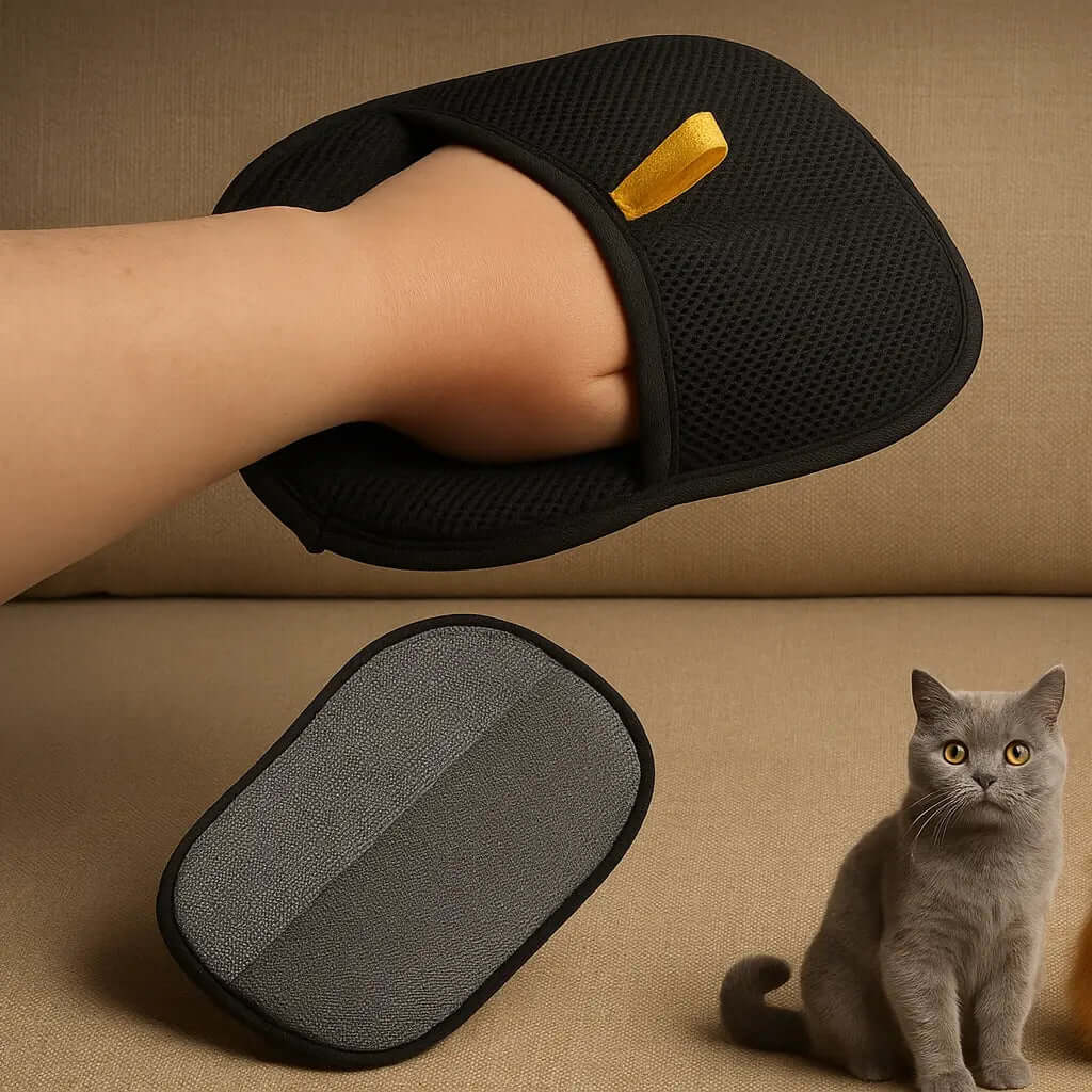 Pet Hair Removal Glove shown on hand with cat in background, ideal for removing pet fur from furniture.