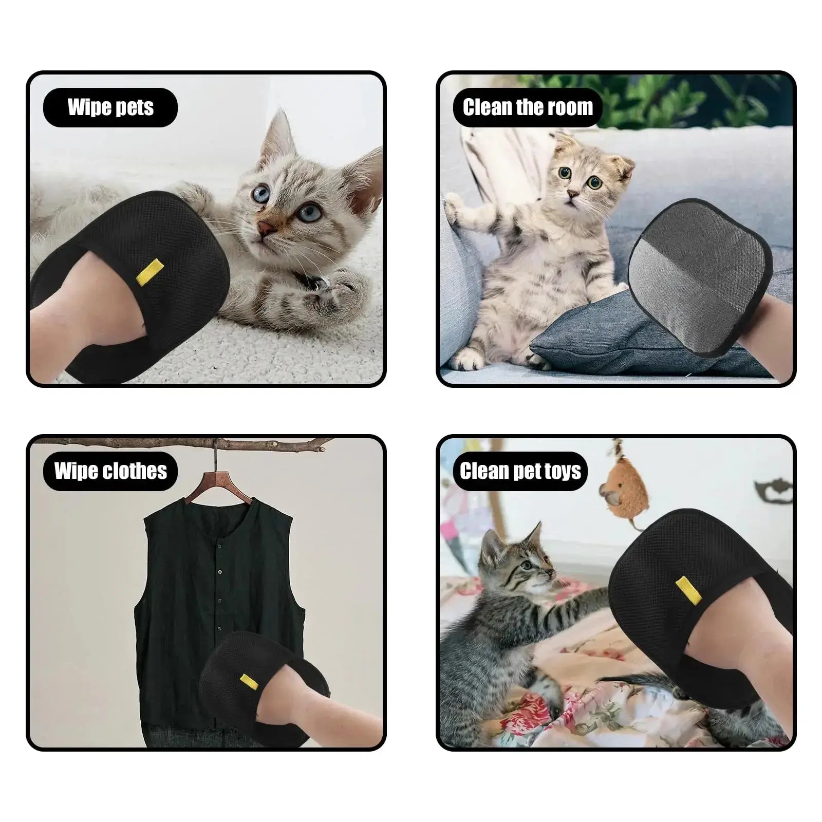 Collage demonstrating Pet Hair Removal Glove usage on pets, clothing, furniture, and toys.